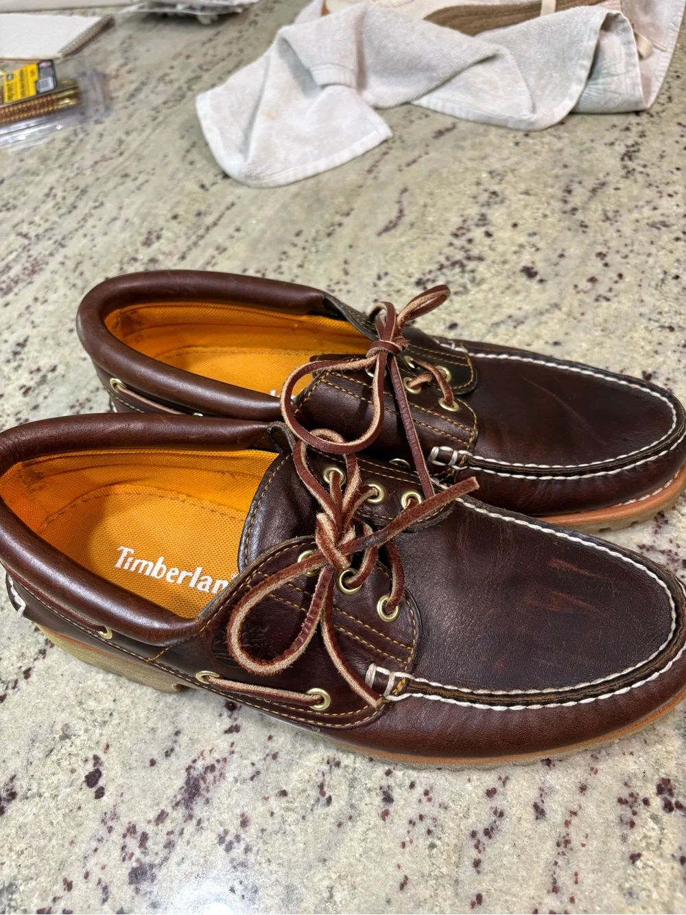 Timberland Men's Dark Brown Leather Boat Shoes with Contrast Stitching
